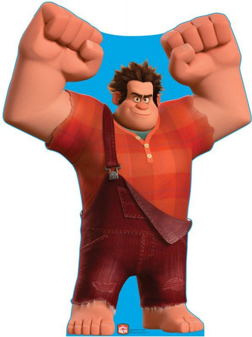 Life-size cardboard cutout of a muscular animated character with large fists raised triumphantly. He has messy brown hair and wears a red plaid shirt, maroon overalls with one strap undone, and no shoes. His expression is determined and bold. A bright blue background highlights the character.