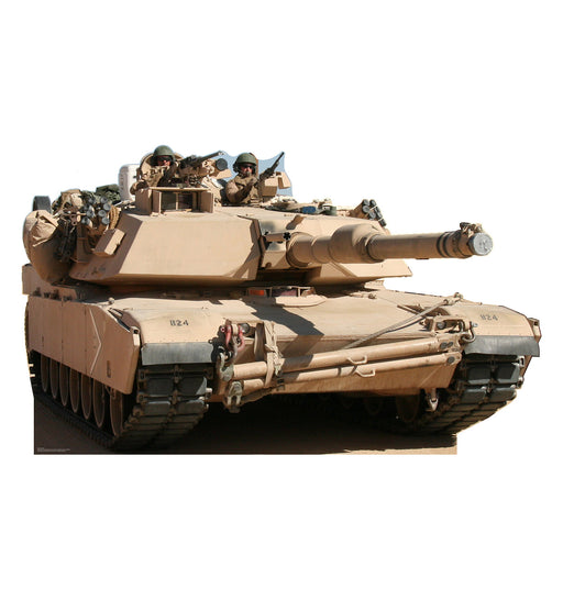 Tan military tank with several crew members visible wearing helmets, positioned on top and inside the vehicle. The tank features heavy treaded wheels, a large front-mounted cannon, and additional mounted equipment.