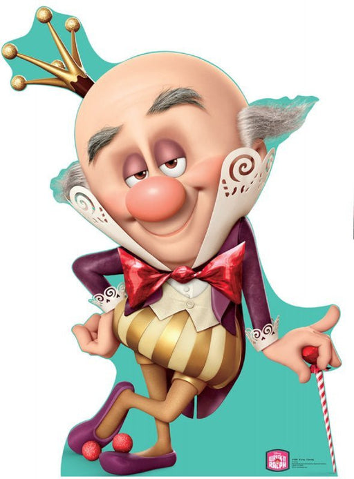 King Candy cutout from Wreck-It Ralph, with a red nose, crown, purple coat, red bow tie, yellow-striped pants, and holding a candy cane, posed smugly on a mint green backdrop.