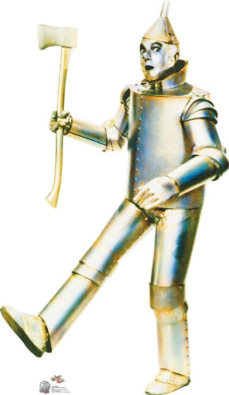 Tin Man character with silver metallic body armor and a funnel hat, holding a matching silver axe in his right hand while stepping forward. His entire appearance, including his face and joints, is coated in a reflective silver hue, giving him a shiny, robotic look.