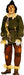 Scarecrow character dressed in a forest green tunic with a beige rope belt, brown pants featuring orange, rust, and tan patches, and straw protruding from his sleeves, collar, and pant cuffs. He wears a black floppy hat, pale blue gloves, and brown shoes, completing his rustic and whimsical appearance.