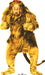 Cowardly Lion character in a full golden-yellow fur costume with a thick, darker brown mane and a red bow tied atop his head. The suit includes a long tail and paw-like gloves and slippers, giving him a soft, animalistic appearance.
