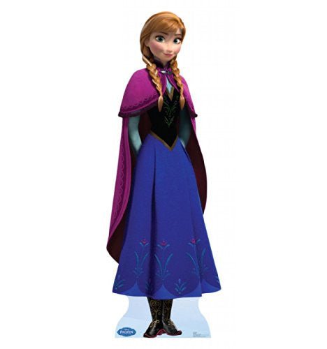 Life-size cutout of Anna from Disney's Frozen wearing a dark blue dress with floral patterns, a black bodice, light blue sleeves, and a magenta cape, standing with hands clasped in front.