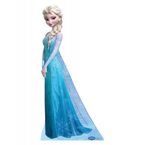 Life-size cutout of Elsa from Disney's Frozen wearing a long icy blue gown with a sheer cape, standing with her hands clasped in front.