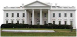 Cardboard cutout of the White House, front view with white columns and lawn in foreground.