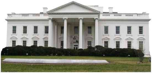Cardboard cutout of the White House, front view with white columns and lawn in foreground.