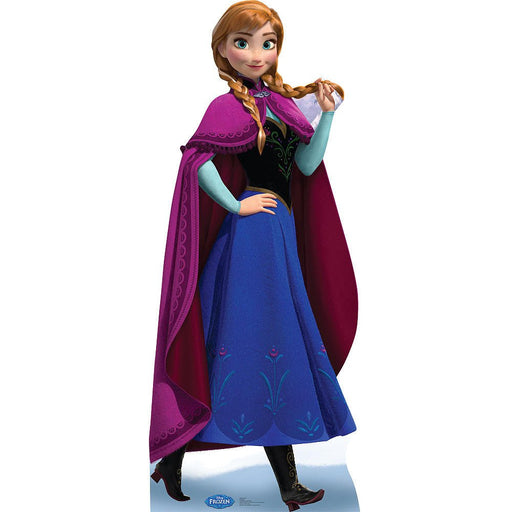 Life-size cutout of Anna from Disney's Frozen wearing a dark blue dress with floral patterns, a black bodice, light blue sleeves, and a magenta cape, standing with one hand on her hip and the other holding her braid.