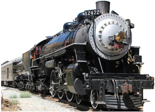 Steam locomotive X2472 with a shiny black body and silver front, pulling a series of passenger cars on a curved section of railroad track through a dry, rocky landscape.
