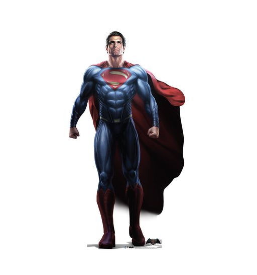 Cutout of Superman standing tall with his fists clenched, wearing a textured blue suit with a red and yellow 'S' emblem on his chest, red cape flowing behind him, and red boots, against a plain white background.