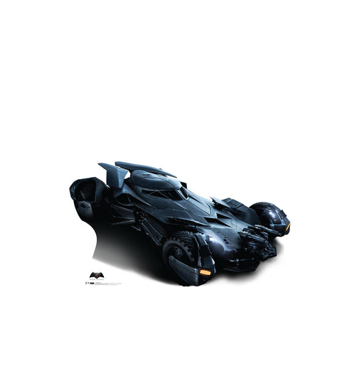 Cut-out of the Batmobile, a sleek black armored vehicle with aggressive aerodynamic design, large exposed wheels, and angular body panels, featuring Batman's signature style and detailing.