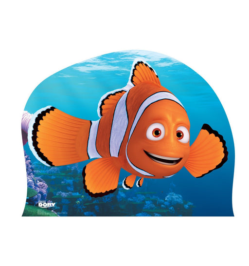 Cutout of Nemo, the orange clownfish character from Finding Nemo, smiling and swimming underwater with coral in the background.