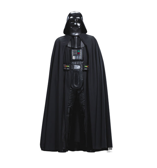 Cutout standee of Darth Vader dressed in black armor and a cape, standing upright with his hands resting on his belt.