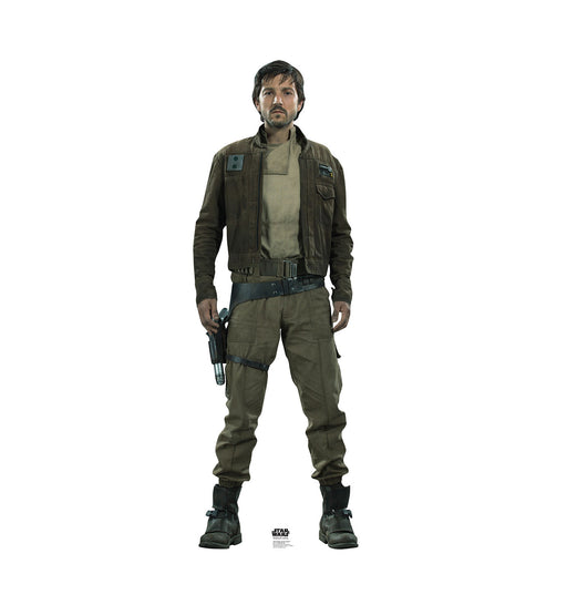 Cutout standee of a male Star Wars character dressed in a brown jacket and khaki outfit, with a blaster holstered at his side, standing upright in a ready stance.