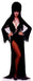 Cardboard cutout of Elvira, Mistress of the Dark, dressed in a dramatic floor-length black gown with a deep plunging neckline and a high slit revealing one leg. The gown features tattered bell sleeves and a wide belt adorned with a silver dagger. She has pale skin, striking dark eye makeup, and bold red lipstick. Her voluminous jet-black hair is styled in a tall bouffant. She wears black high heels and stands confidently with hands on her hips.