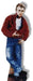 Cardboard cutout of a man with short, wavy blonde hair wearing a bright red jacket over a white t-shirt, paired with medium-wash blue jeans and black shoes. He stands in a relaxed pose with one leg crossed over the other and leans slightly to the side, gesturing casually with one hand while the other rests on his hip.