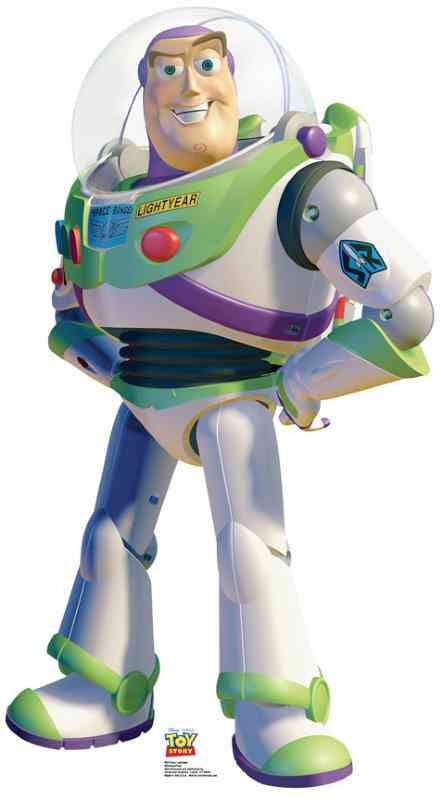 Cardboard cutout of Buzz Lightyear from Toy Story, depicted in his classic white space suit with green and purple accents. He has a clear dome helmet, colorful buttons on his chest, and 'Lightyear' written on a nameplate. He stands confidently with hands on hips and a determined smile.
