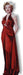 Cardboard cutout of Marilyn Monroe wearing a floor-length, deep red satin gown with a halter neckline and a silver decorative brooch at the bust. Her blond hair is styled in soft curls and she has a glamorous, classic Hollywood look.