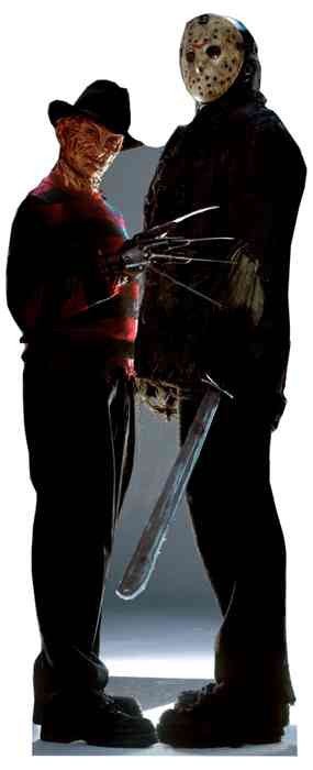 Life-size cutout of horror characters Freddy Krueger and Jason Voorhees. Freddy wears a red and dark green striped sweater, dark pants, and a brown fedora, with his signature bladed glove raised. Jason stands beside him in a dark jacket and pants, holding a machete, and wears a white hockey mask. Both are backlit for a dramatic effect.