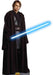 Life-size cardboard cutout of Anakin Skywalker from Star Wars, wearing a dark brown Jedi robe over a black tunic and belt. He holds a glowing blue lightsaber angled across his body. The cutout stands on a base with the yellow and red Star Wars logo.