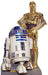 Life-size cardboard cutout featuring R2-D2 and C-3PO from Star Wars. R2-D2 is a white and blue astromech droid with a domed silver head, positioned slightly leaning forward. C-3PO stands behind him with a shiny gold humanoid frame, red wiring visible at his midsection, and his arms folded. Both are placed on a grey base with the yellow Star Wars logo.