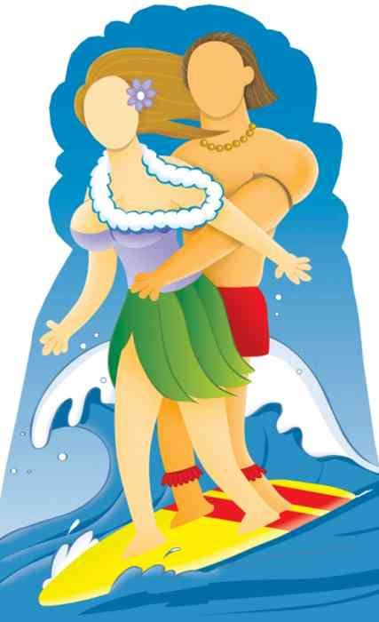 Colorful cardboard cutout illustration of a man and woman surfing together. The man, with tan skin and long brown hair, wears a red loincloth and gold bead necklace. The woman, with fair skin and light brown hair adorned with a purple flower, wears a green grass skirt, a purple top, and a white flower lei. Both figures are faceless and cartoonish, standing on a yellow and red surfboard riding stylized blue waves with white foam.