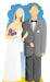 Cartoon-style cardboard cutout of a bride and groom. The bride wears a strapless white gown, a pearl necklace, and a white veil, and holds a colorful bouquet of red, blue, pink, and purple flowers. The groom wears a gray tuxedo with a black bow tie, white shirt, and white pocket square. Both figures are faceless and stylized, standing close together in front of a blue and white background.