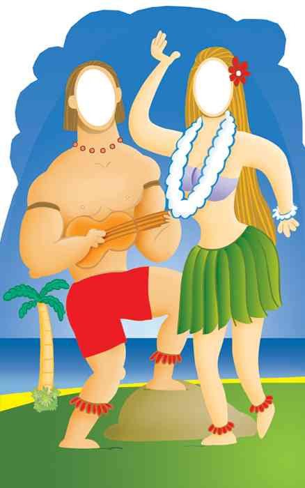"Cartoon-style stand-in cutout of a muscular man in red shorts playing a ukulele and a woman in a green grass skirt and purple top dancing beside him. Both figures have blank face areas for photo insertion. They are wearing tropical accessories like flower leis and anklets, and are standing against a stylized beach background with blue sky, white clouds, and a palm tree.