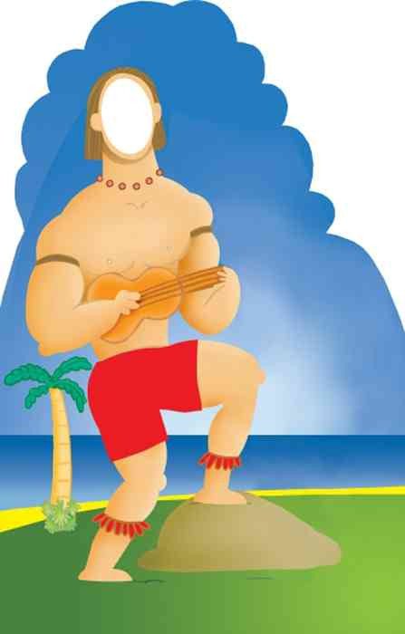Cartoon-style cardboard cutout of a muscular island man with long brown hair and red shorts, standing barefoot on a rock, playing a small ukulele, and set against an ocean and palm tree background with a stylized blue sky.