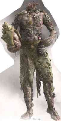 A fantasy character cutout covered in textured, earthy growths, holding a large seashell and standing in a confident stance.
