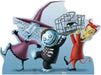 A vividly colored cutout of Lock, Shock, and Barrel from 'The Nightmare Before Christmas,' dressed in their signature costumes—purple witch attire, red devil suit, and black-and-white skeleton outfit—cheerfully carrying a cage containing a captured creature.