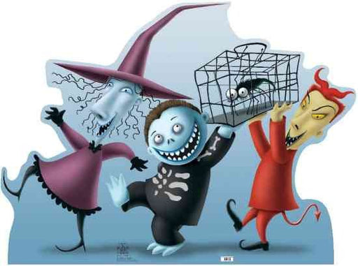 A vividly colored cutout of Lock, Shock, and Barrel from 'The Nightmare Before Christmas,' dressed in their signature costumes—purple witch attire, red devil suit, and black-and-white skeleton outfit—cheerfully carrying a cage containing a captured creature.