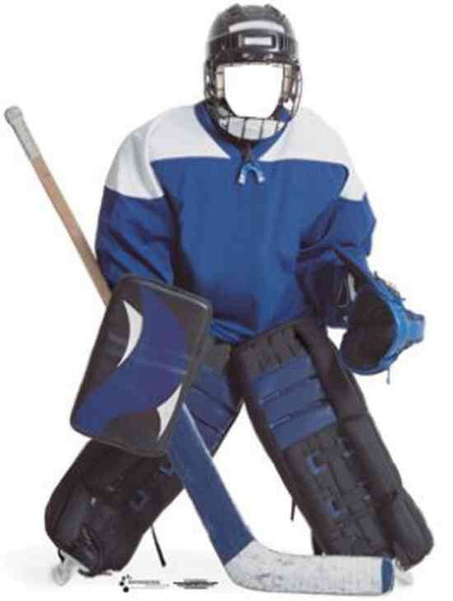 Ice hockey goalie uniform and gear displayed on a mannequin with no visible face. The gear includes a blue and white jersey, blue and black leg pads, blocker, catcher glove, chest protector, stick, and helmet with a face cage.