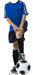Cut-out of a child mannequin in a blue soccer jersey with white stripes, black shorts, black knee-high socks, and soccer cleats, standing with hands resting on one knee and one foot placed on a black-and-white soccer ball.