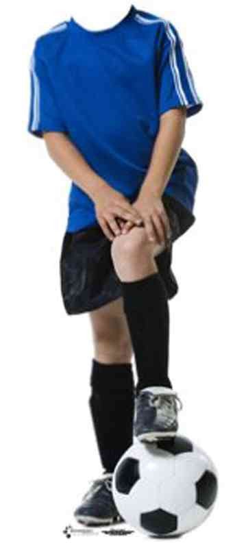 Cut-out of a child mannequin in a blue soccer jersey with white stripes, black shorts, black knee-high socks, and soccer cleats, standing with hands resting on one knee and one foot placed on a black-and-white soccer ball.