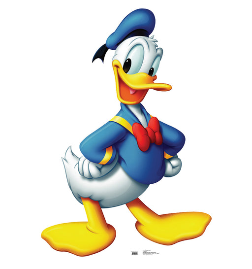  Cardboard cutout of Donald Duck standing with hands on hips, smiling confidently. He is wearing a blue sailor shirt with yellow trim, a red bow tie, and a blue hat.