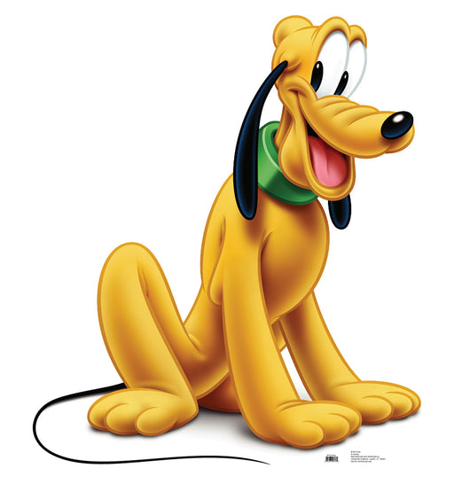 Cardboard cutout of Pluto, the yellow cartoon dog from Disney, sitting with a happy expression, mouth open, tongue out, wearing a green collar and black ears hanging down.