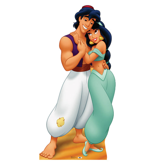 Cut-out of Aladdin and Princess Jasmine, the animated characters, standing close together and smiling lovingly. Aladdin is barefoot, wearing white harem pants with a patch, a purple vest, and a red fez. Jasmine is dressed in her signature turquoise off-shoulder outfit with matching shoes and gold earrings, resting her head on Aladdin’s shoulder with one arm wrapped around his.