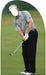 Cutout standee of a golfer mid-swing, wearing a white visor, light gray collared shirt, black pants, white golf glove, and white golf shoes with black stripes, holding a golf club over a grassy course.
