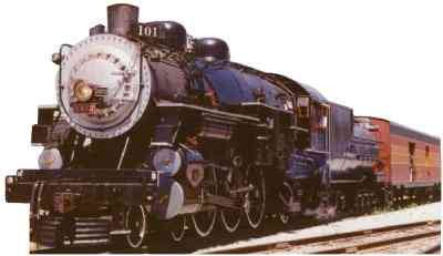 Cutout standee of a black steam locomotive with the number 101 on the front, featuring metallic silver detailing, pulling a red and brown passenger car on railway tracks.