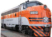 A vintage diesel locomotive labeled '918-D' in orange, white, and black Western Pacific livery, featuring a streamlined nose and 'Western Pacific' signage on the front and side.
