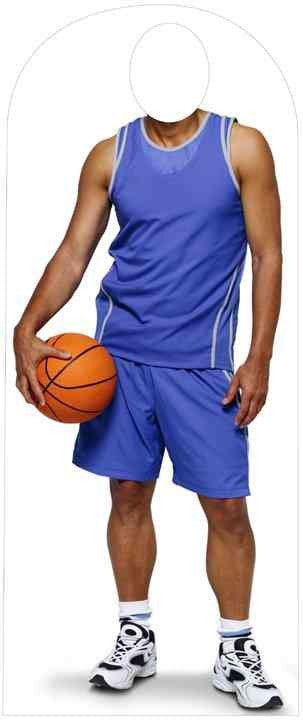 A faceless man wearing a blue basketball jersey and shorts, holding an orange basketball, with white socks and white athletic shoes.