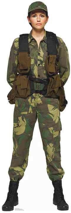 Person wearing a full camouflage military-style costume, including a camo cap, button-up shirt, tactical vest with brown pouches, matching camo pants, black belt, and black combat boots.