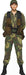 Person wearing a full camouflage military-style costume, including a camo cap, button-up shirt, tactical vest with brown pouches, matching camo pants, black belt, and black combat boots.