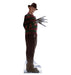 A life-size cutout of a burned-faced man wearing a brown fedora, red and green striped sweater, dark pants, black shoes, and a bladed glove on his right hand.