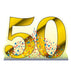 A life-size cutout of the number '50' in a shiny gold gradient, decorated with a burst of red, white, and blue stars and dots concentrated around the base.