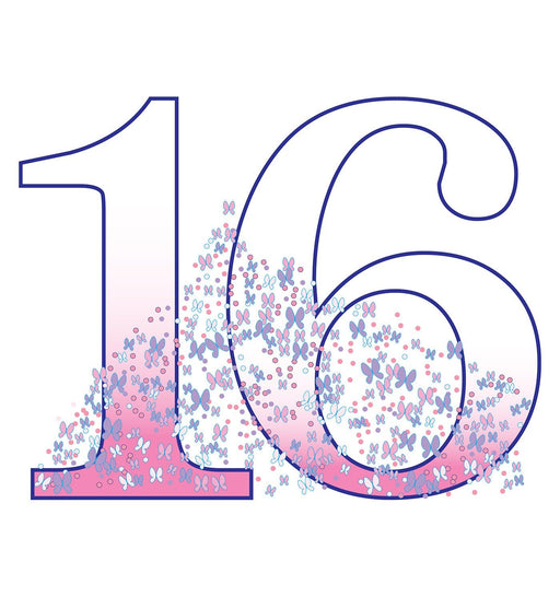 A life-size cutout of the number '16' outlined in purple with a soft pink gradient fill, decorated with a flurry of purple, blue, and pink butterflies clustered around the lower half.