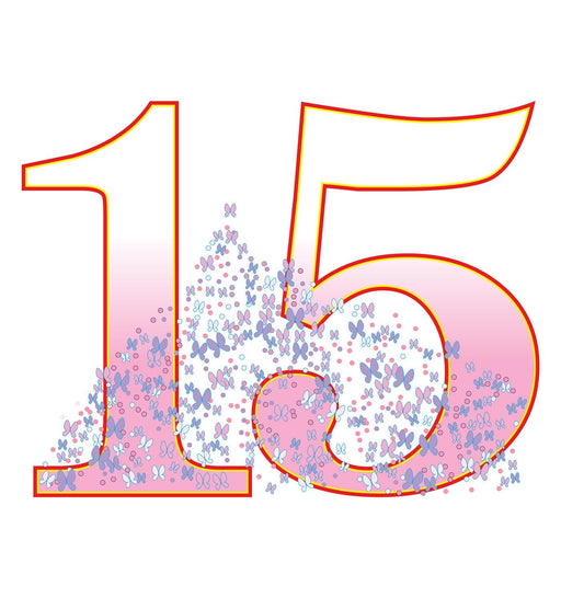 A life-size cutout of the number '15' outlined in orange with a pink gradient fill, decorated with a cluster of purple, blue, and pink butterflies concentrated around the base.