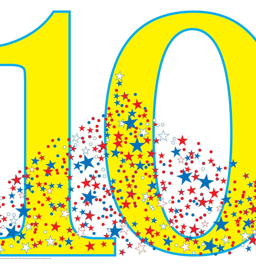 A life-size cutout of the number '10' in bright yellow with a blue outline, decorated with a dense cluster of red, white, and blue stars and dots along the lower half.
