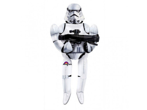 Large foil balloon shaped like a Star Wars stormtrooper holding a blaster, with detailed white and black armor design.
