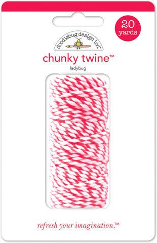 Package of Doodlebug Design Inc. chunky twine in ladybug color, 20 yards long, featuring a thick bright pink and white twisted design.